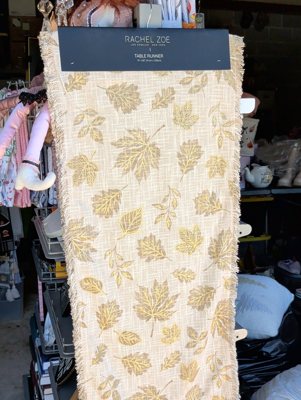 Rachel Zoe Cream and Gold Leaf-Print Table Runner with Fringe